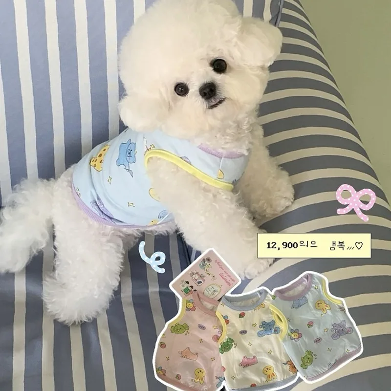 Pet Summer Vest, Small Dog Yorkshire Cartoon Print T-Shirt, Breathable Short Sleeve for Bichon Frisé, Maltese Clothes