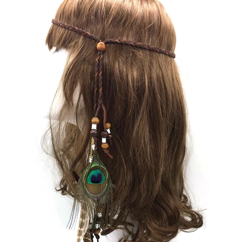 1Pcs Boho Fashion Braided Rope Feather Taasel Adjustable HairBand For Women Girls Female Bohemian Headwear Hair Accessories