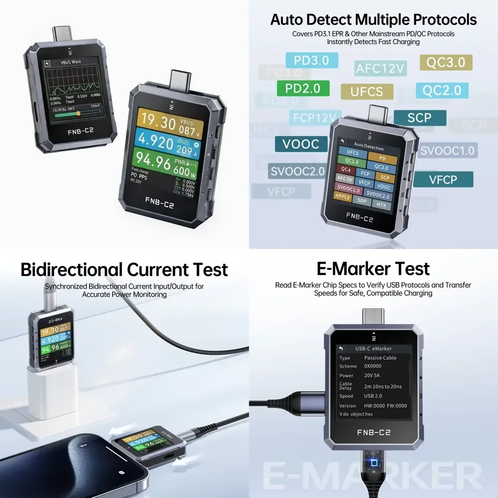 

WAP01 FNB-C2 USB Tester PD3.1 QC Fast Charge Voltmeter Ammeter Power Meter Type-C Cable Adapter 4-28V 7A Real-Time
