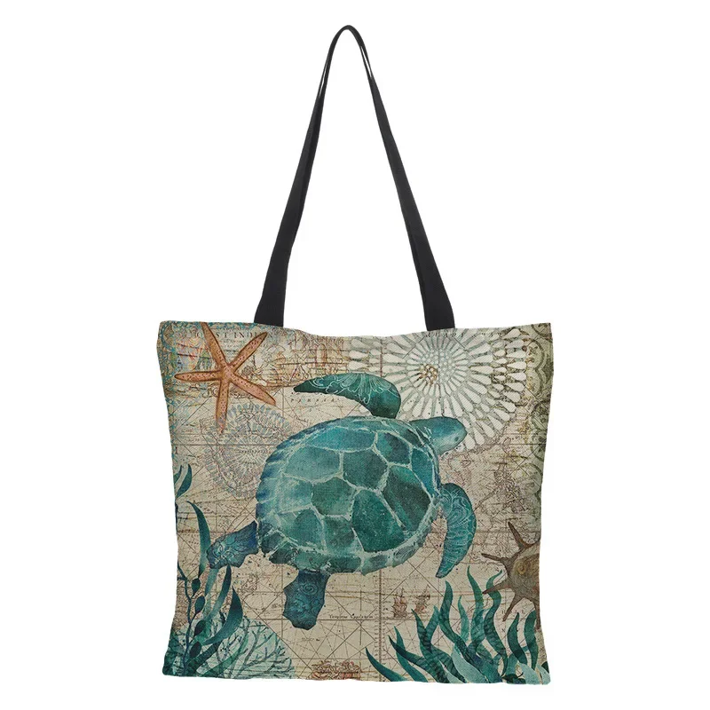 Shopping Bag Large Capacity Fashionable Tote Turtles Seahorse Whale Octopus Animal Single Shoulder Bag