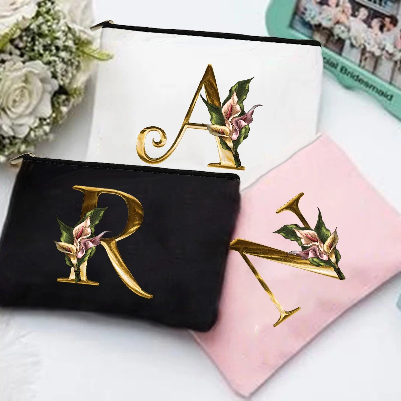 

Gold Letter Printed Women Cosmetic Bag Bridesmaid Makeup Case Travel Toiletry Wash Storage Pouch Wedding Birthady Gifts for Her