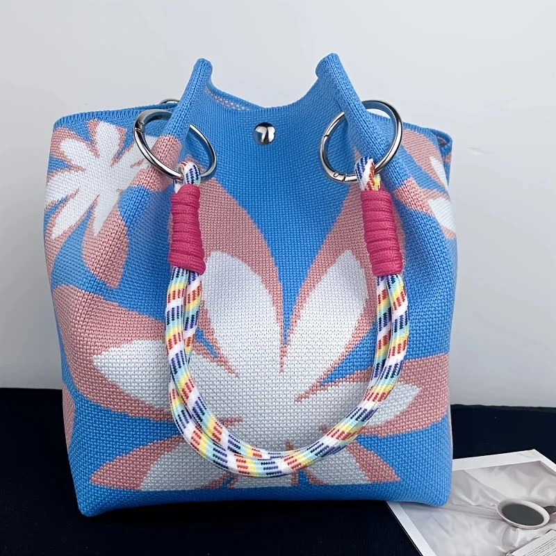 Borsa portaoggetti da donna vintage in maglia floreale, leggera, con cinghie regolabili e anelli in metallo, chiusura a scatto per viaggi casual