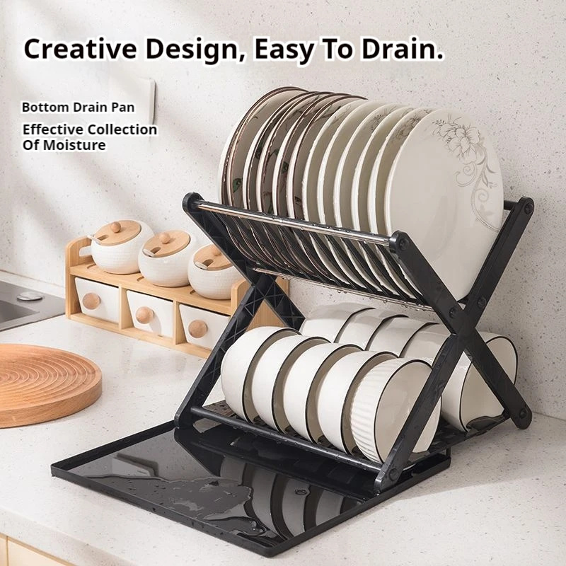 

Dish drain rack folding X-shaped countertop drain rack double layer large capacity kitchen tableware storage rack kitchen suppli