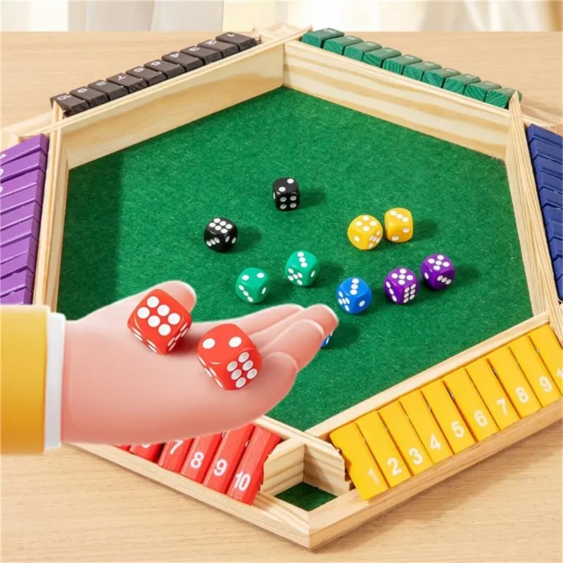 BEDW-Shut The Box Game With 12 Dices, Wooden Board Table For Home& For Part, For 2 To 8 Players, Family Math Game