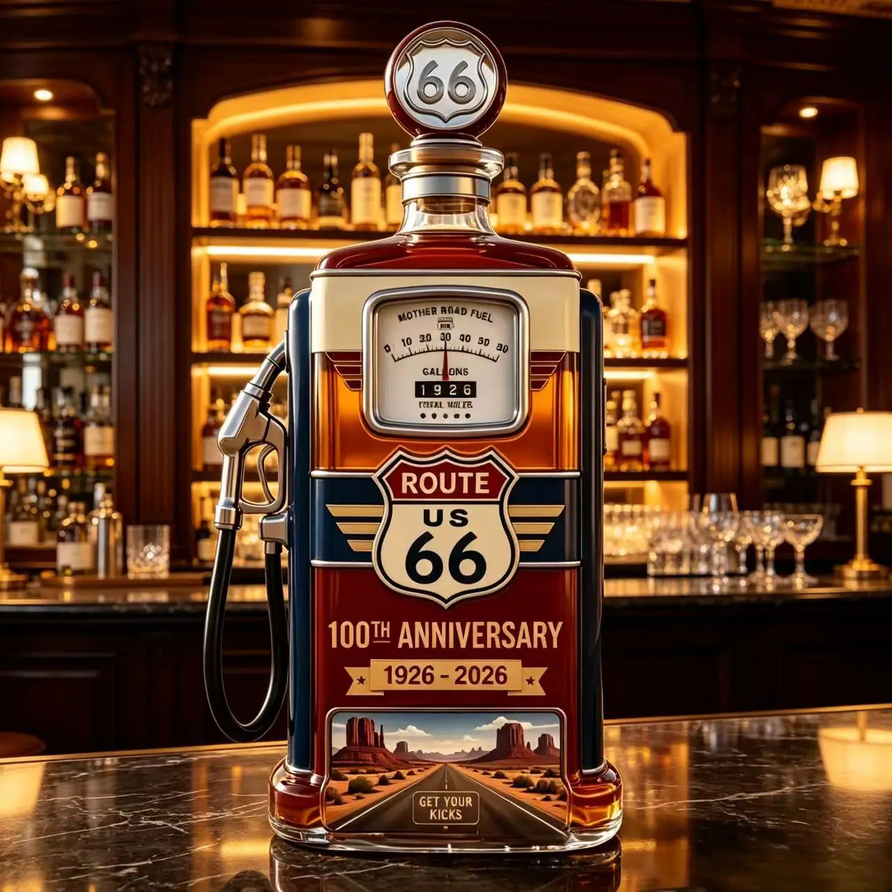 Vintage Route 66 Glass Whiskey Decanter Retro Gas Pump Shape Sticker Craft Liquor Bottle for Home Bar Decoration