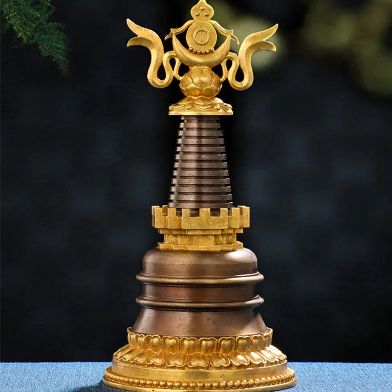 

18cm Pure Copper Bodhi Stupa Tower,Exquisite Design Carving Auspicious Symbol Lotus Base Vajra Bottom Decorate Pagoda