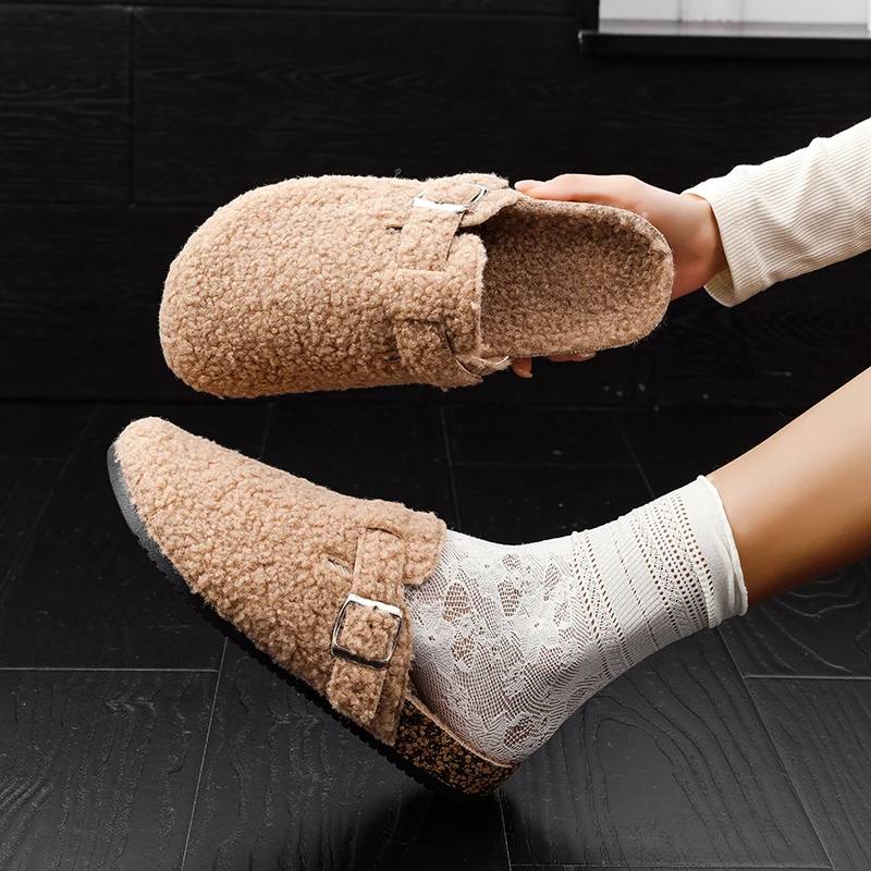 Women Winter Fuzzy Plush Clogs Cork Footbed Buckle Mules Slippers Warm Fluffy Shearling Slip On Indoor Non-Slip Casual Shoes