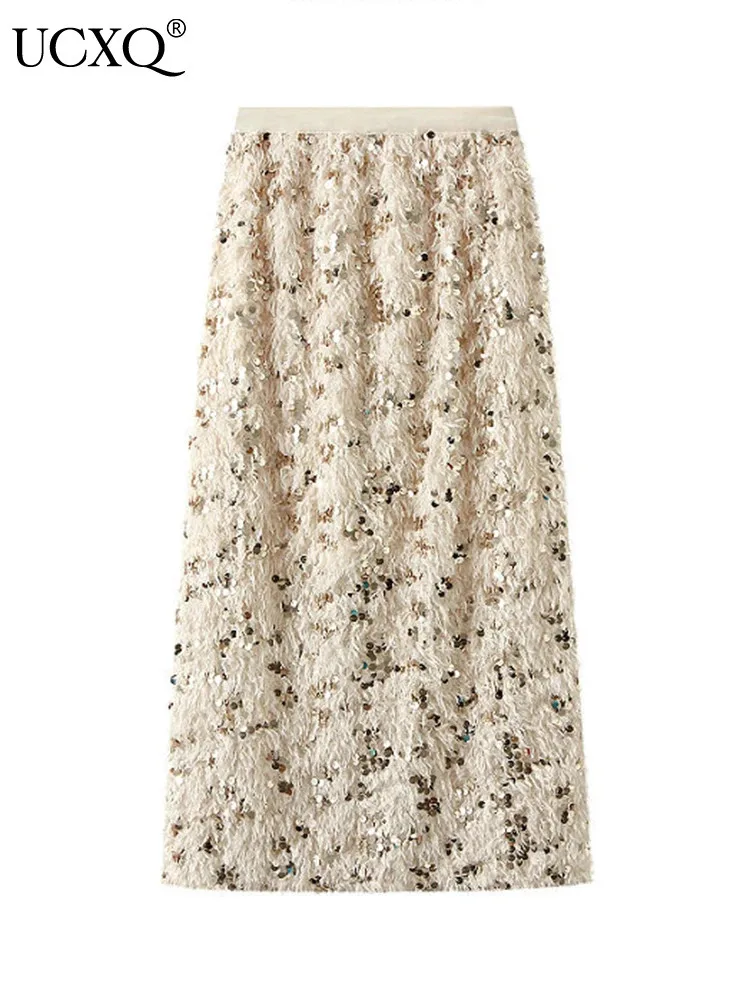 UCXQ Elegant A-line Skirt Korean Style Sequined Tassels All Match Plush Fashion Casual Skirts Women 2024 New Spring Autumn C2001