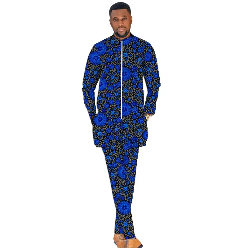 Zipper Shirts+Elastic Waist Trousers Wax Colorful Print Outfit Male Pant Sets African Fashion Wedding Party Wear