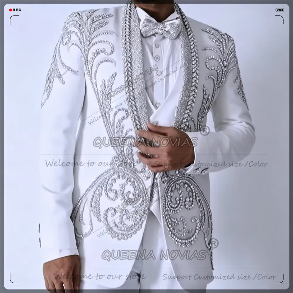 Twinkling Men's Suit 3 Pieces Sets Sparkly Sequins Label Prom Blazers Customized Groom Formal Party Wedding Tuxedos Ropa Hombre