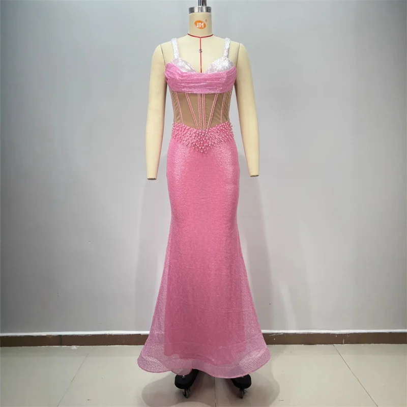 Nouveauté perlée Sexy pure rose paillettes sangle robe sirène robe de soirée européenne et américaine