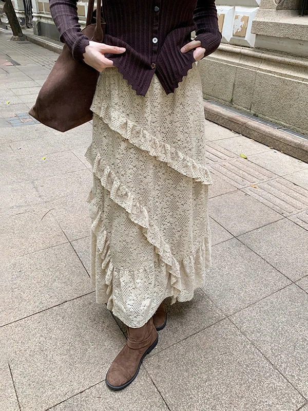 

Юбка BORAN Sweet Style А-силуэта с кружевными вставками, многослойная, светло-коричневая, весна-лето, новинка, женская, с завышенной талией