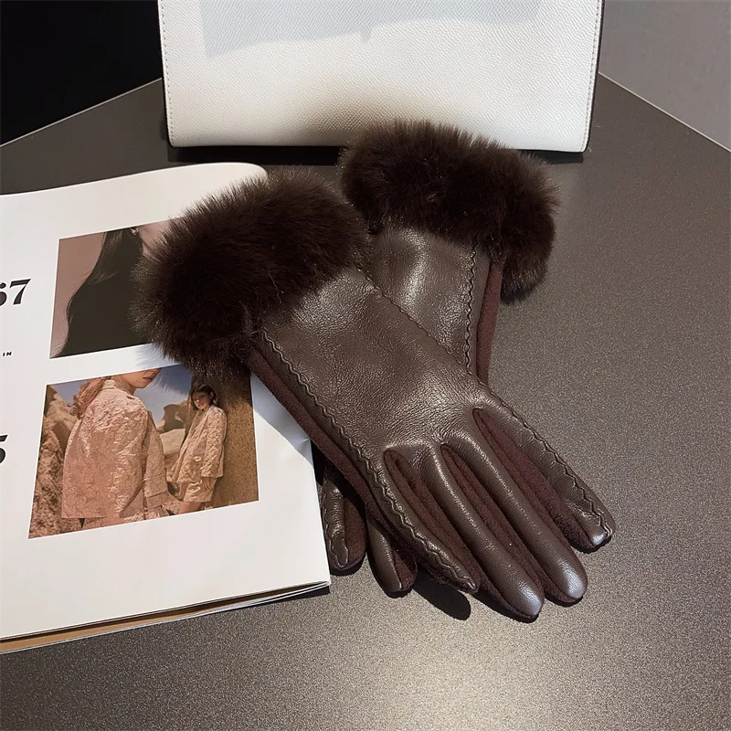 PULeather Stitching Suede Gloves Wholesale Women's Winter Fleece-lined Thickened Classic Style Riding Fashionable Warm Gloves