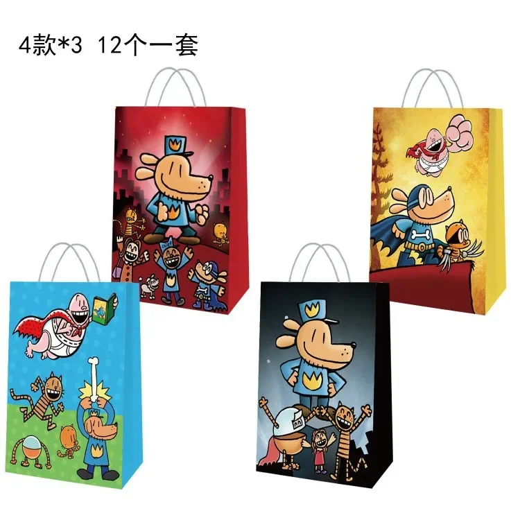 12pcs Dog Man Birthday Party Gift Bag Kids Anime Decorations Boys Girls Candy Loot Favors Bags Handle Baby Shower Decor Supplies