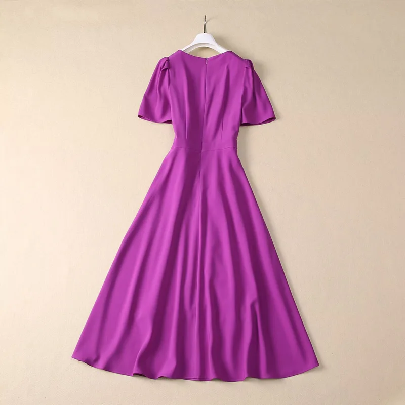 Kate Middleton Purple Princess Dress Elegant O-Neck Shore Sleeve A-Line Pleated Dresses With Bow 7302