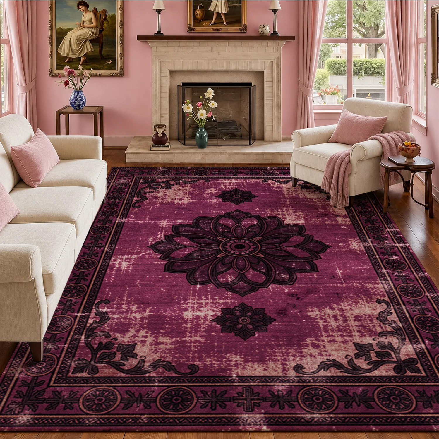 Vintage Ornate Purple Floral Mandala Area Rug Velvet Machine Washable for Living Room Bedroom Dining Room Office Halloween Thanksgiving Christmas New Year Black Friday Cyber Monday
