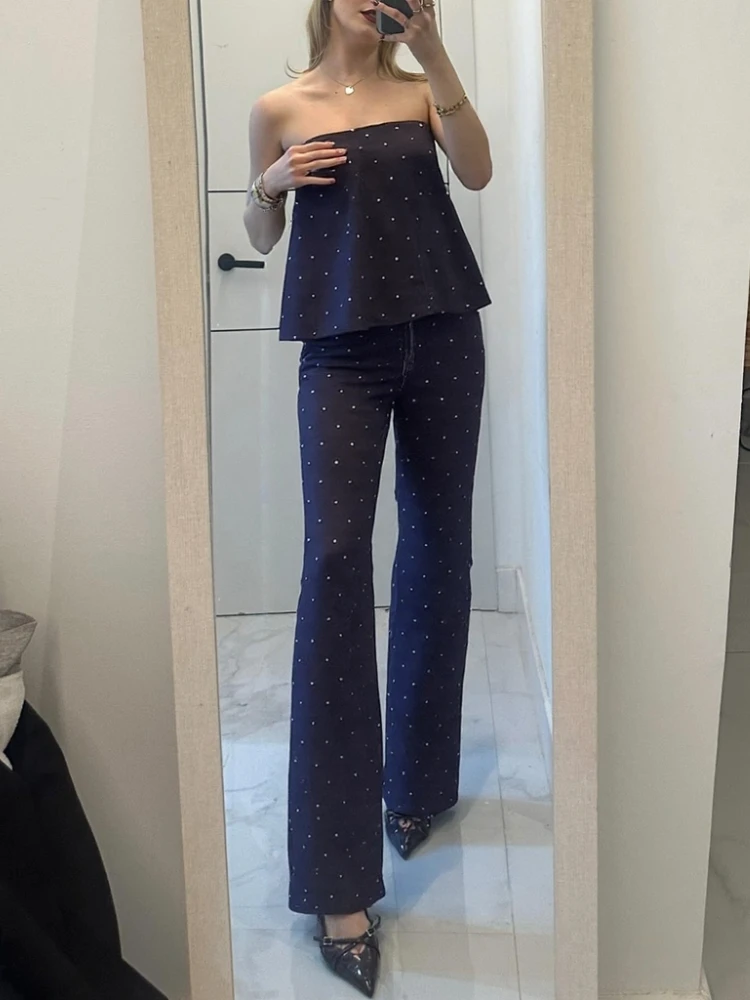 

Rivet Strapless Top Pants Suits Women Elegant Sleeveless Backless Tube Tops With High Waist Trousers 2025 New Fashion Lady Sets
