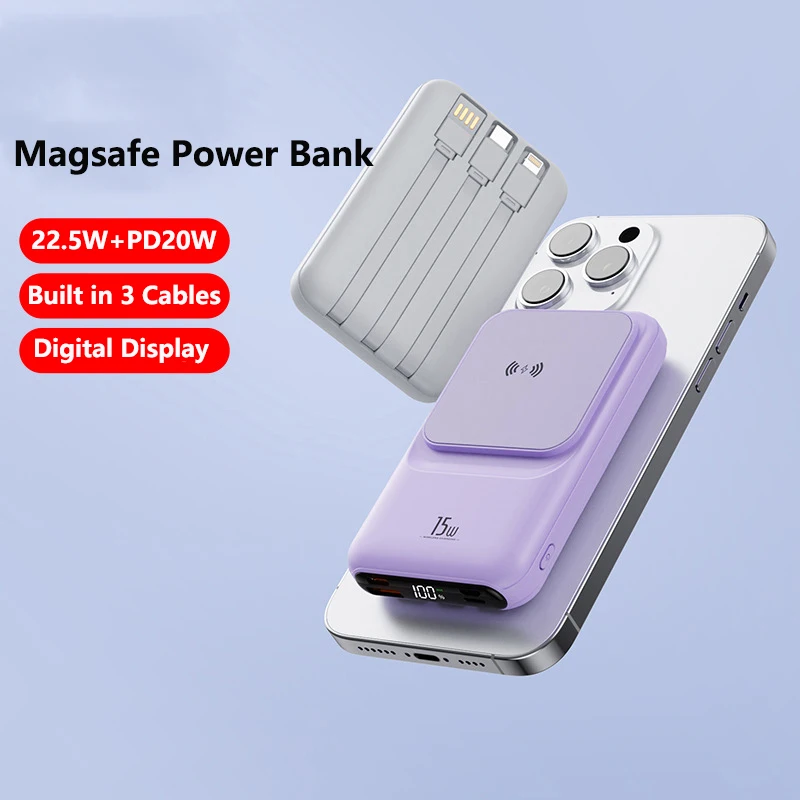 20000mAh Magnetic Wireless Power Bank Built in Cable 22.5W Fast Charging For iPhone 15 14 13 12 Huawei Xiaomi Samsung Powerbank