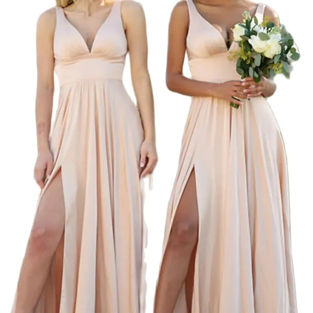 Linha a vestidos de noite sexy casamento convidado andar comprimento sem mangas v-neck estiramento chiffon com alta fenda cor pura 2022/baile