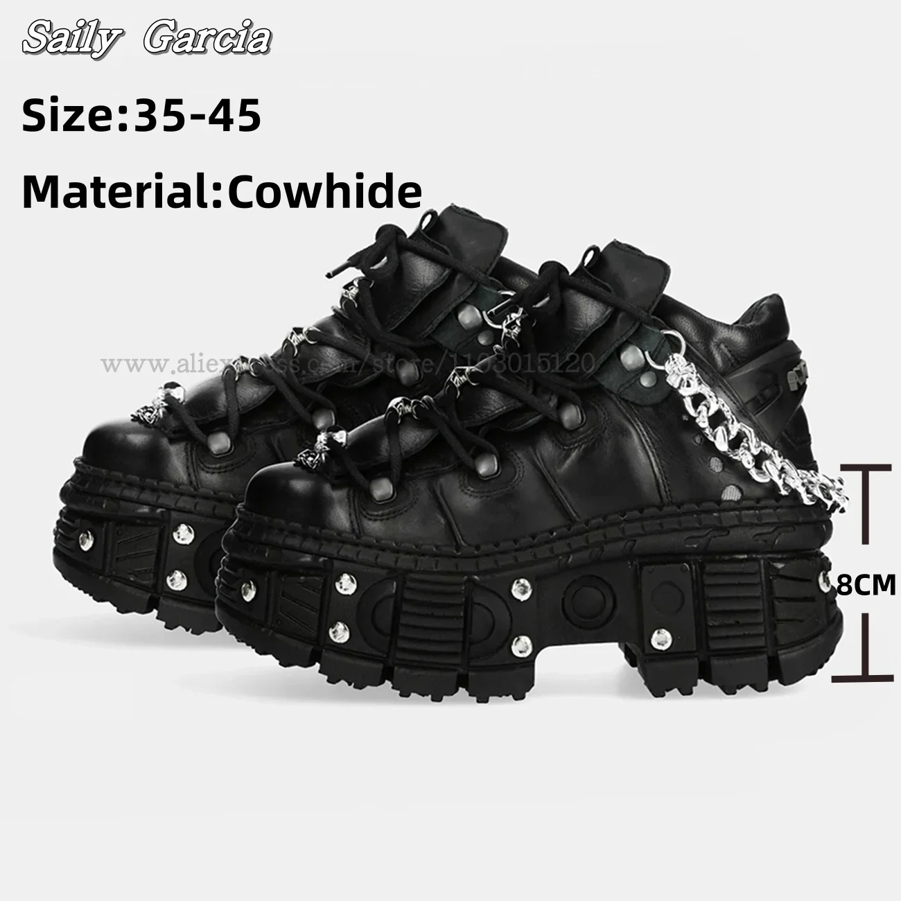 

Leathe Metal Chain Chunky Heel Motorcycle Boots Punk Style Size 35-45 Front Lace Up Boots Gothic Y2k 8CM Heel Boots
