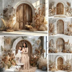 Brown Wooden Door Photography Background Family Photo Retro White Wall Booth Backdrop Bohemian Hay Decor Interior Studio Prop