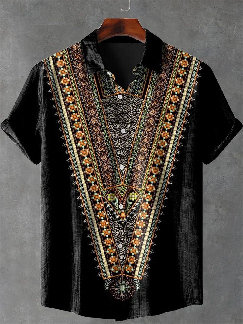 New Vintage Style Men's Linen Short Sleeve Shirt Casual Fashion Holiday High Quality Printed Shirt Casual Ethnic Style