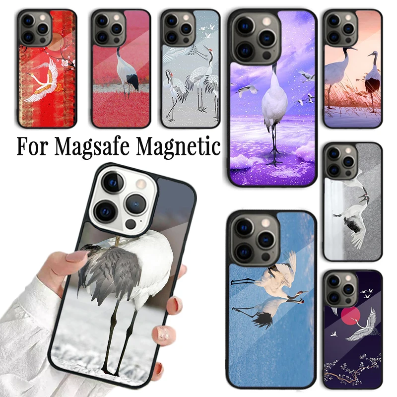 Coque Phone Case For iPhone 16 15 14 13 12 Mini 11 Pro Max Plus Magsafe Magnetic Wireless Charging Cover Red-crowned Crane Bird