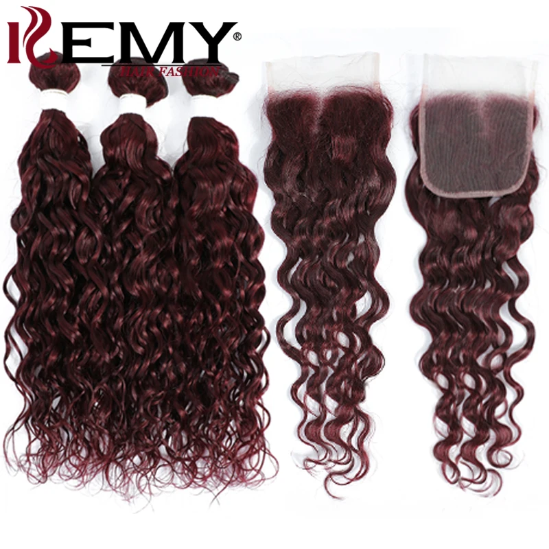 Water Wave Human Hair Bundles With Closure 99J Red Colored Hair Weave Bundles With Closure Brazilian Remy Hair Bundle 3PCS