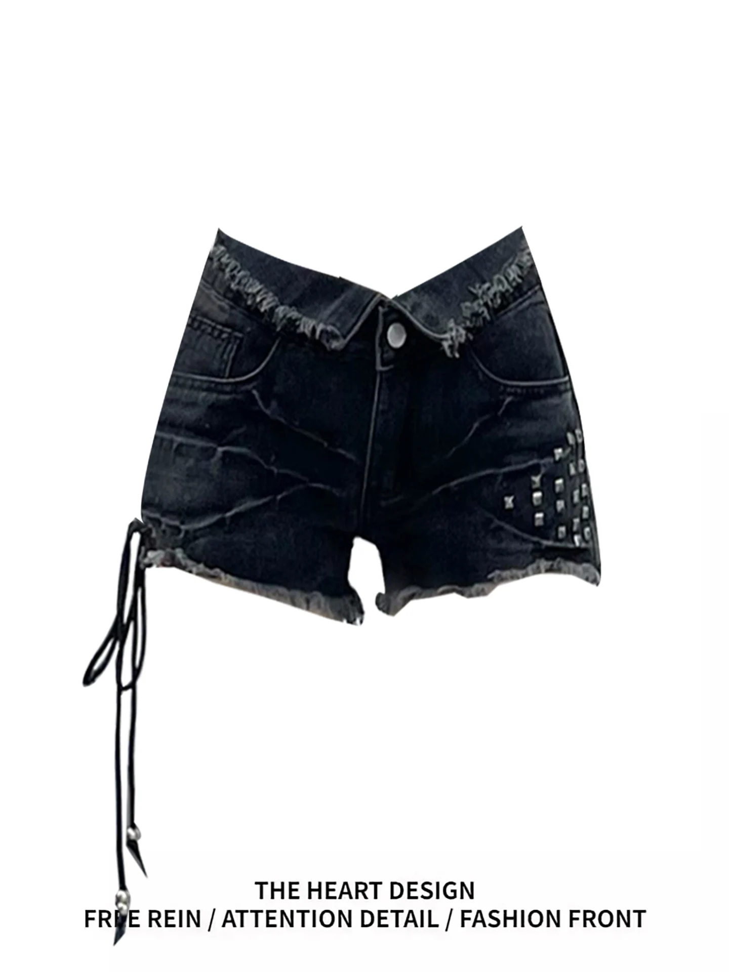 

Cool Punk Sle Bla Rivet Hot Pants Women's Denim orts High Waist Bule Tie Waist Hemmed Jeans ort Pants Casual Wear