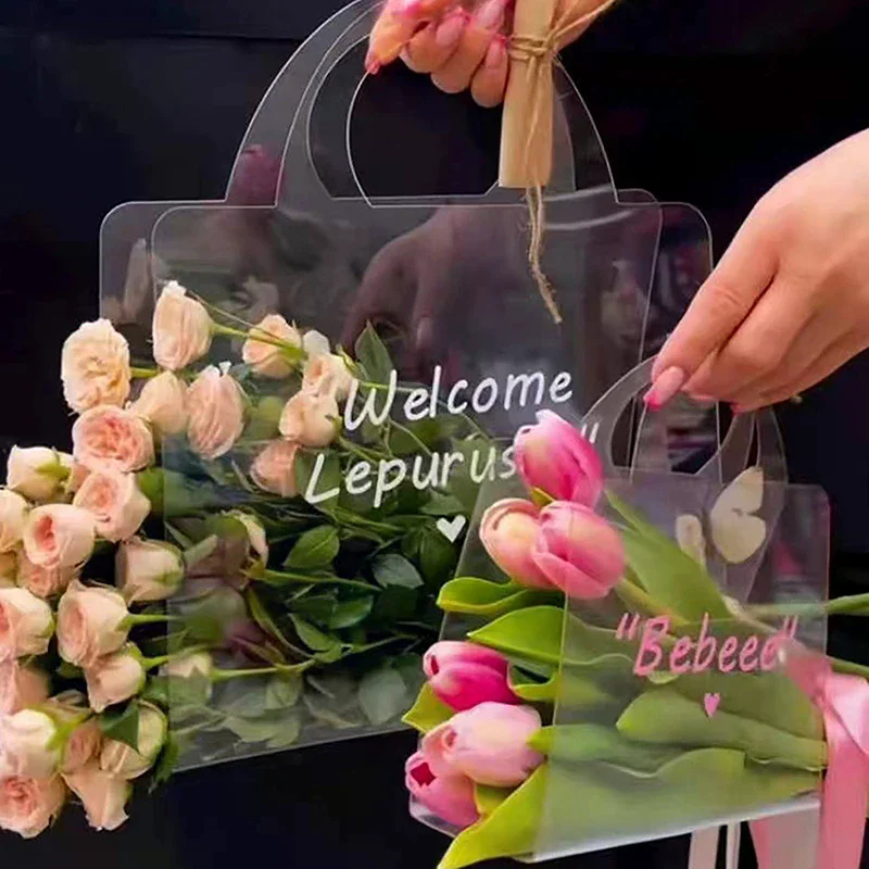 1pc Transparent Pet Fresh Flower Bouquet Handbag Flowers Wrapping Handbag Festivals Party Rose Package Portable Packing Bag