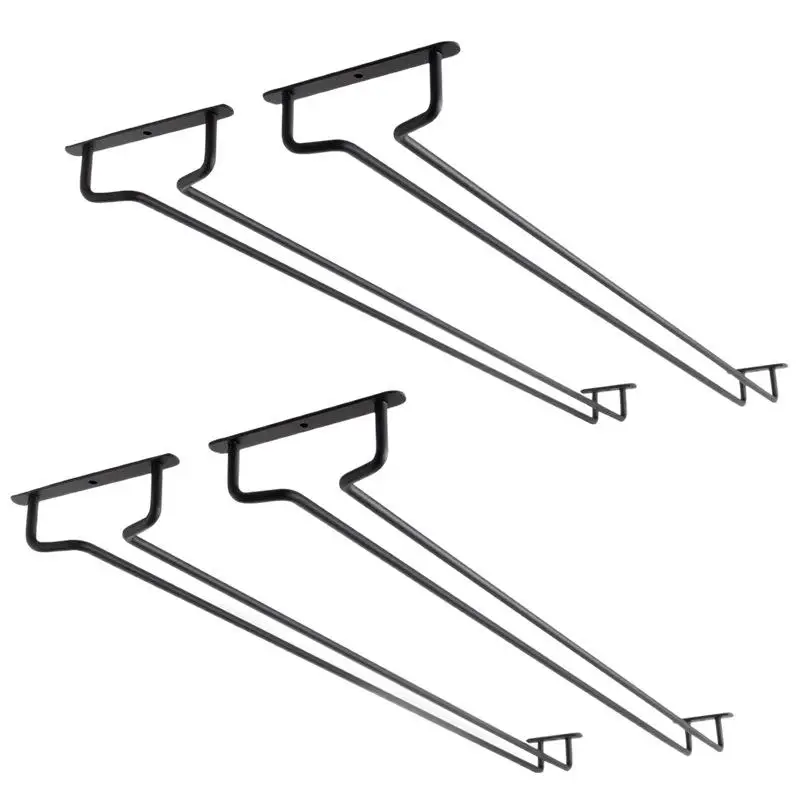 【S】1PC Black Wall Mount Wine Glass Holder Under Cabinet Hanging Stemware Rack For Kitchen Bar