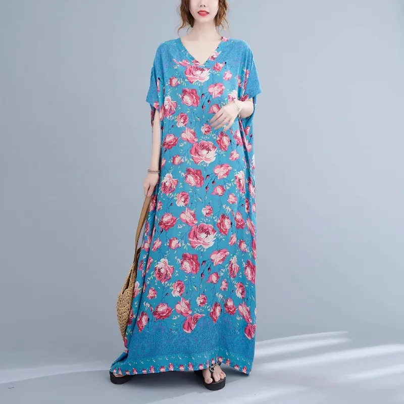 Nightdresses Women Sleepwear Dress Short Sleeve V-Neck Nightgown Plus Size Cotton Silk Nightwear loose Outside Wear