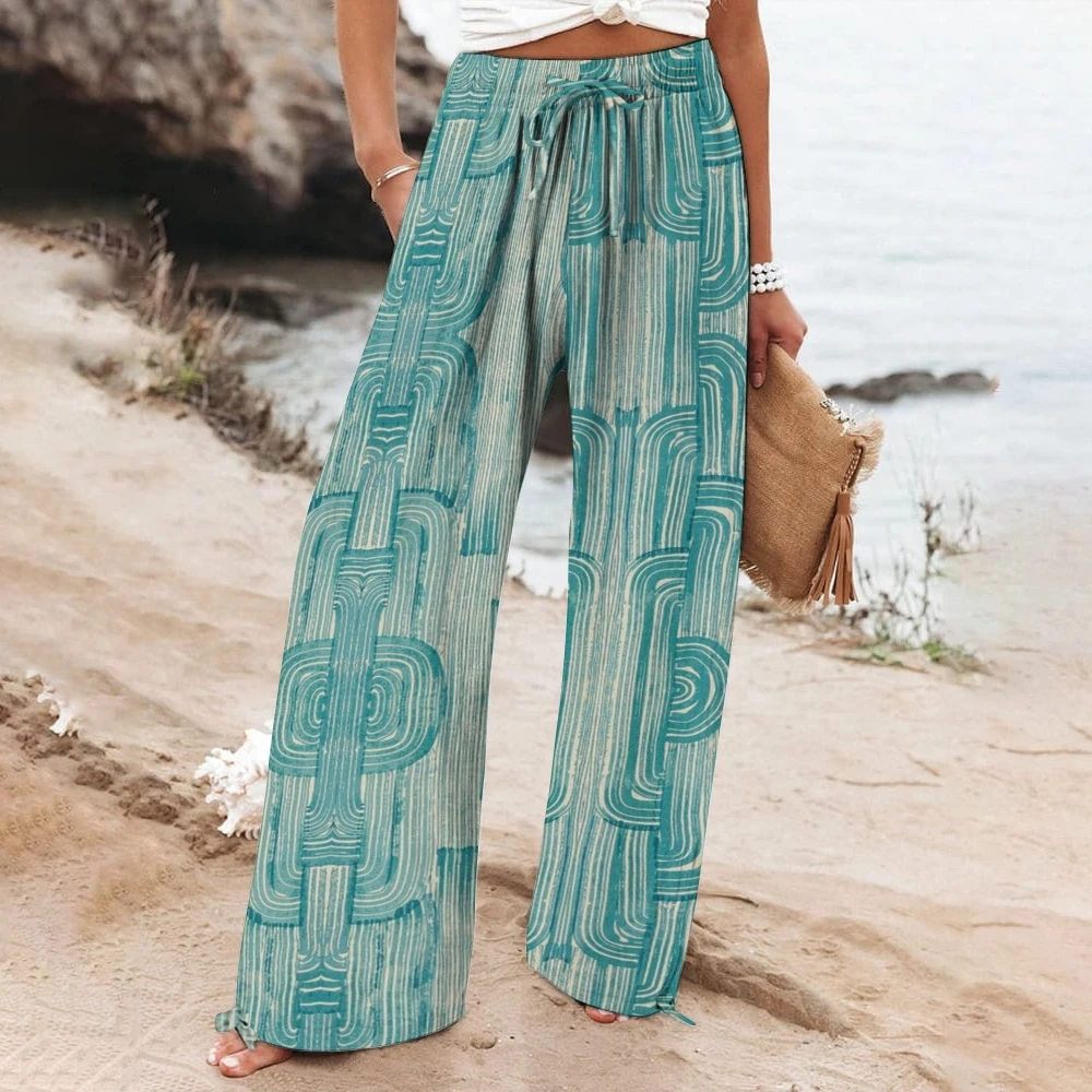 

Green Stripe Print Beach Pants for Women, Vintage Traf Wear Bottoms, High Quality, Trend Designer, New Fashion