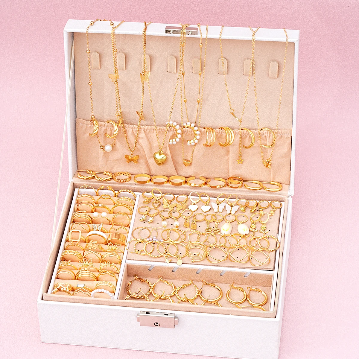 114-piece Jewelry Set Lovely Atmosphere Lady Punk Pearl Metal Ring Earring Necklace Set