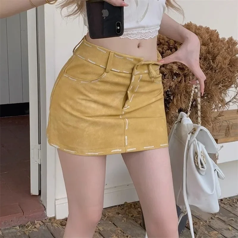 NICE Geel PU-leer Minirok Dames Zomer Design Sensation Afslanken Hoge taille A-lijn shorts Trendy vrouwelijke mode