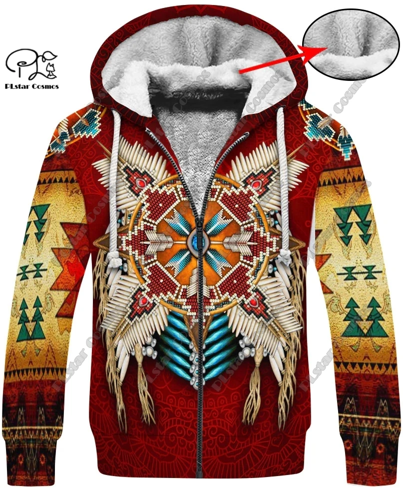 

3D Printed Retro Aboriginal Wolf Feather Totem Fleece Zipper Hoodie Men Women New Winter Warm Double Layer Fleece coat Y-1