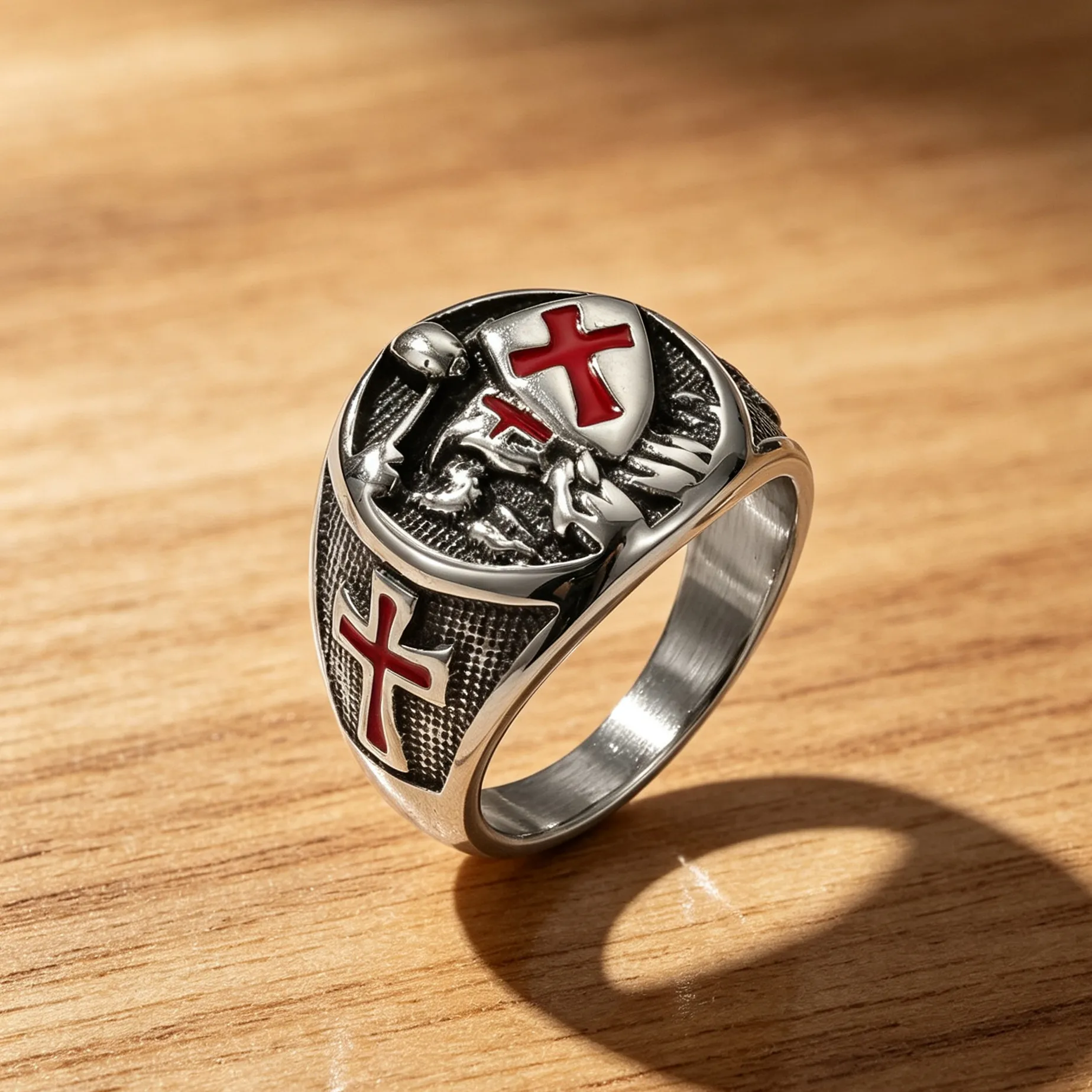 Vintage Knights Templar Red Cross Shield Engraved Men Titanium Steel Ring Enamel Craft Antiqued Stainless Steel Signet Ring Reli