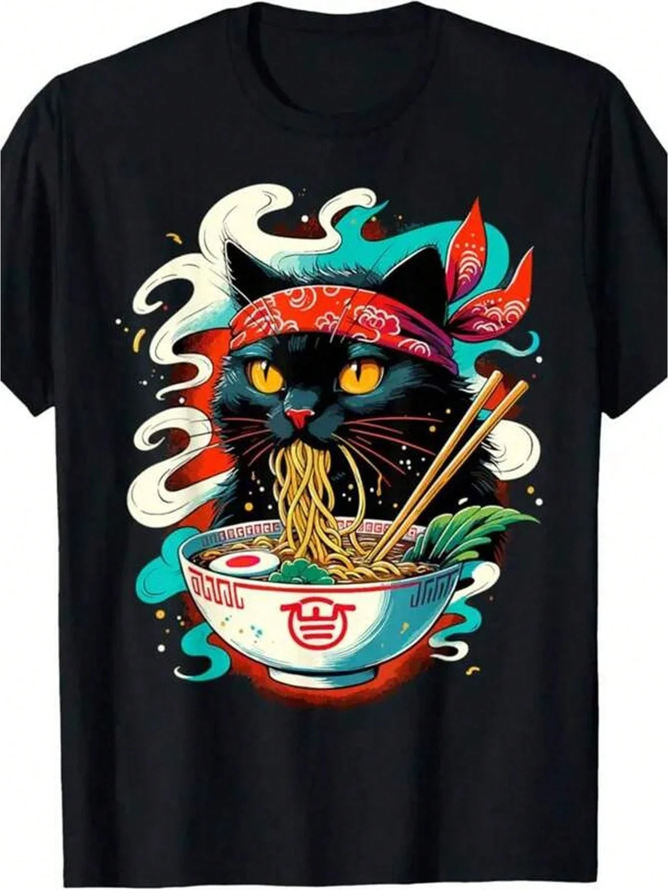 1Pc Men's Clothes Ramen Cat Print Black Tshirt, Unisex Casual Crew Neck Tshirt, Plus Size 5Xl, Lightweight 180Gsm Knit Fabric
