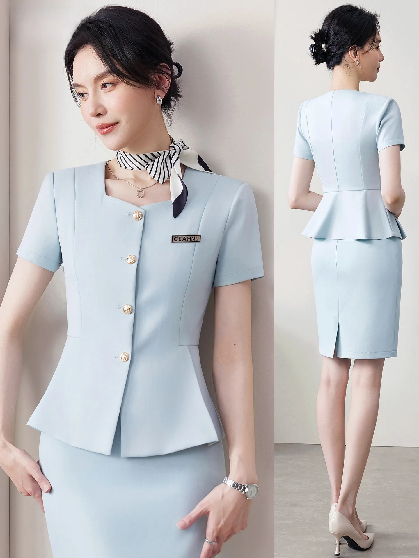 

Женский летний костюм с коротким рукавом, тонкий, для отеля, профессиональная униформа для ресепшн, для ювелирного магазина, салона красоты, рабочая одежда