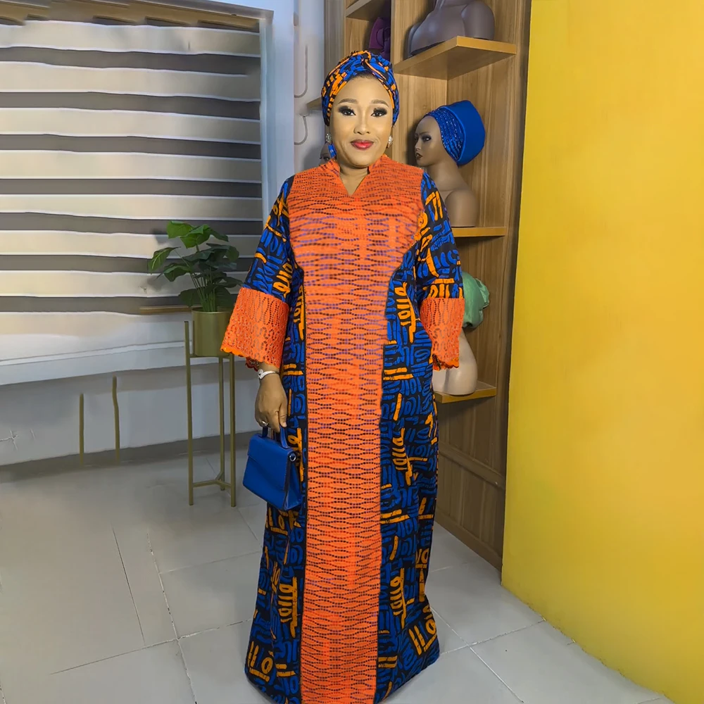 

Elegant African Dresses for Women Muslim Lace Boubou Dashiki Traditional Africa Clothes Ankara Outfit Evening Gown with headtie