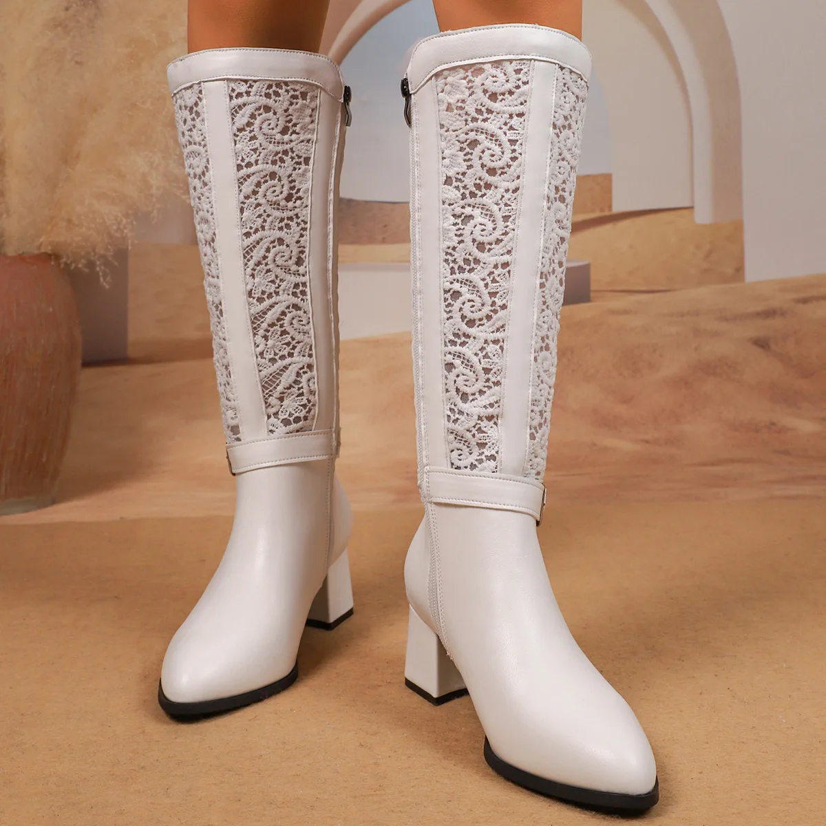 

Pointed-Toe High-Top Long Boots, Mesh, Breathable, Mesh, British Style, Heeled Fashion, New Style, 2025 Winter