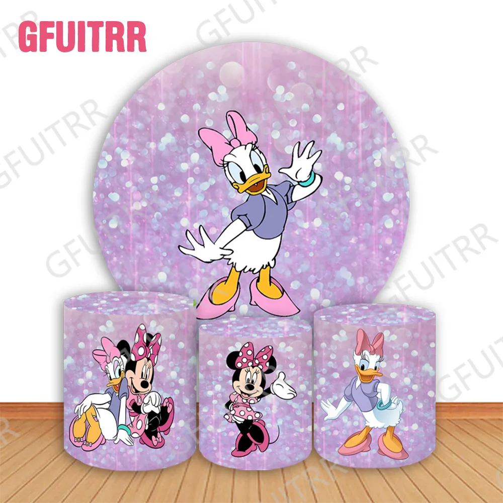 Daisy Round Photo Backdrop Minnie Mouse Purple Cylinder Covers Girls Birthday Party Baby Shower Decoration Photo Props