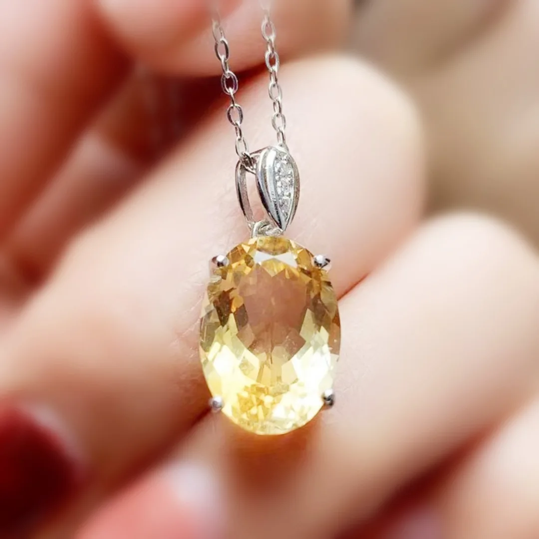 Natural Real Citrine Oval Big Necklace Pendant 10*14mm Gemstone 925 Sterling Silver Fine Jewelry