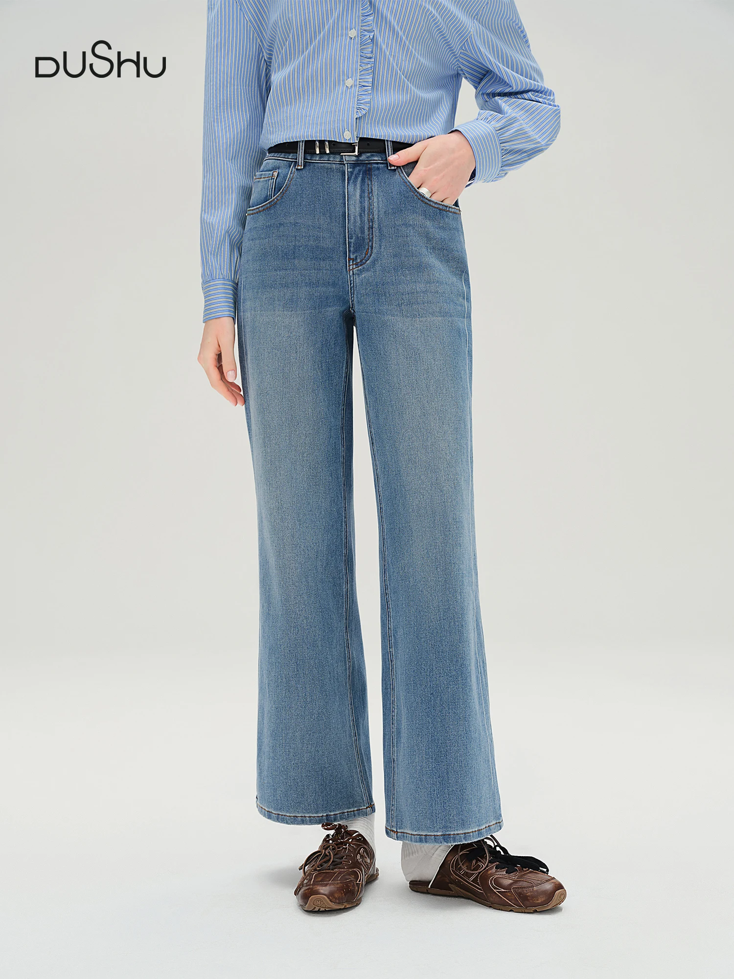 DUSHU Plus-Size Perfectly Stretchy Jeans Slimming Straight Leg with Flared Cone Shape Fall 2025 Fashionable 25DS83172+25DS83196