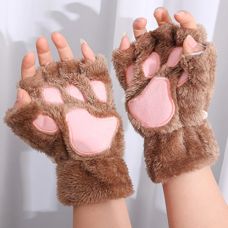 

Women Cute Cat Claw Paw Plush Mittens Warm Soft Plush Short Fingerless Fluffy Bear Cat Gloves Costume Half Finger Party Gift