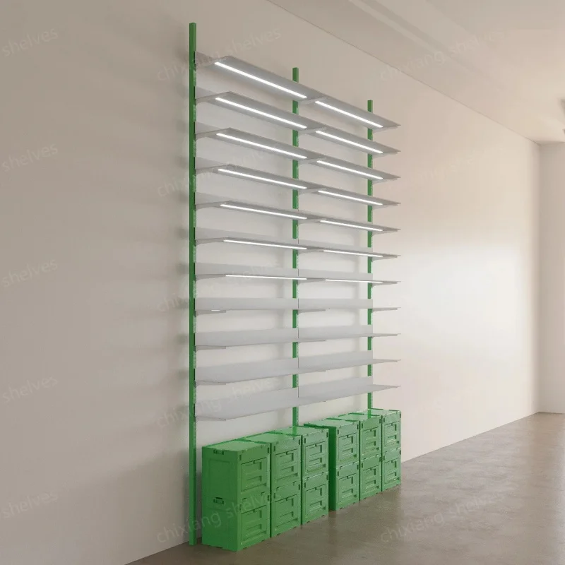 custom.Customized Wall-mounted Single-sided Shoe Rack with LED Lights, Trendy Shoe and Bag Display Rack