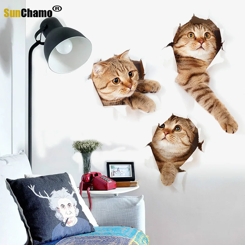 Sunchamo Cute Cat 3D Cracked Toilet Sticker Wall Stickers Fridge Car Seat  Living Bath Room Home Decor Wallstickers Bedroom