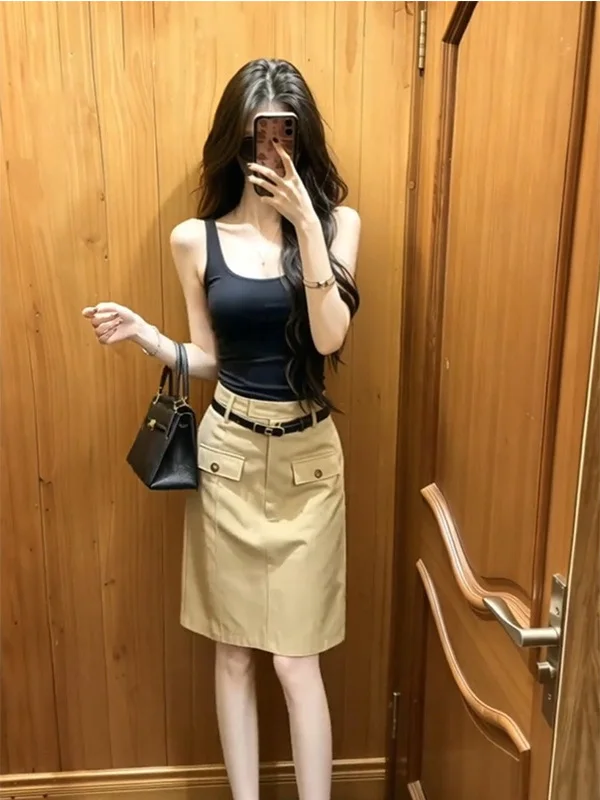 Kaki Color High Waist A-Line  Skirt Women's Gentle Style Summer New Fashion Design Slimming Skirts Standard Fit Straight Cut