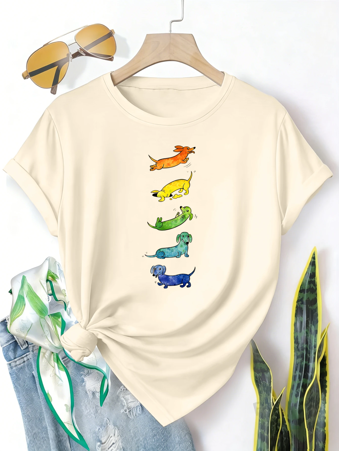 

Женская футболка больших размеров с коротким рукавом, с принтом разноцветных такс, из дышащей ткани, летняя одежда, женская одежда