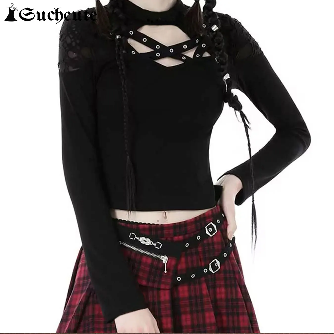 SUCHCUTE Gothic Bandage O-Neck Hollow Out Cropped Top Punk Style Long Sleeve Tees Y2K Streetwear Retro Solid T-Shirts Women 2024